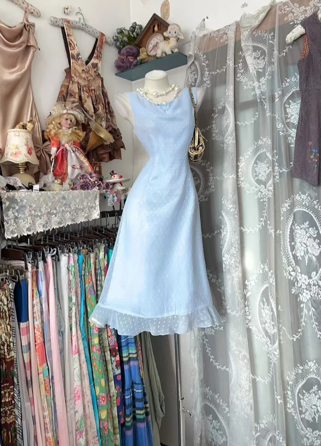 Süßes A-Linien-Abschlusskleid mit hellblauen Polka Dots, Geburtstagskleid, Heimkehrkleid N3709