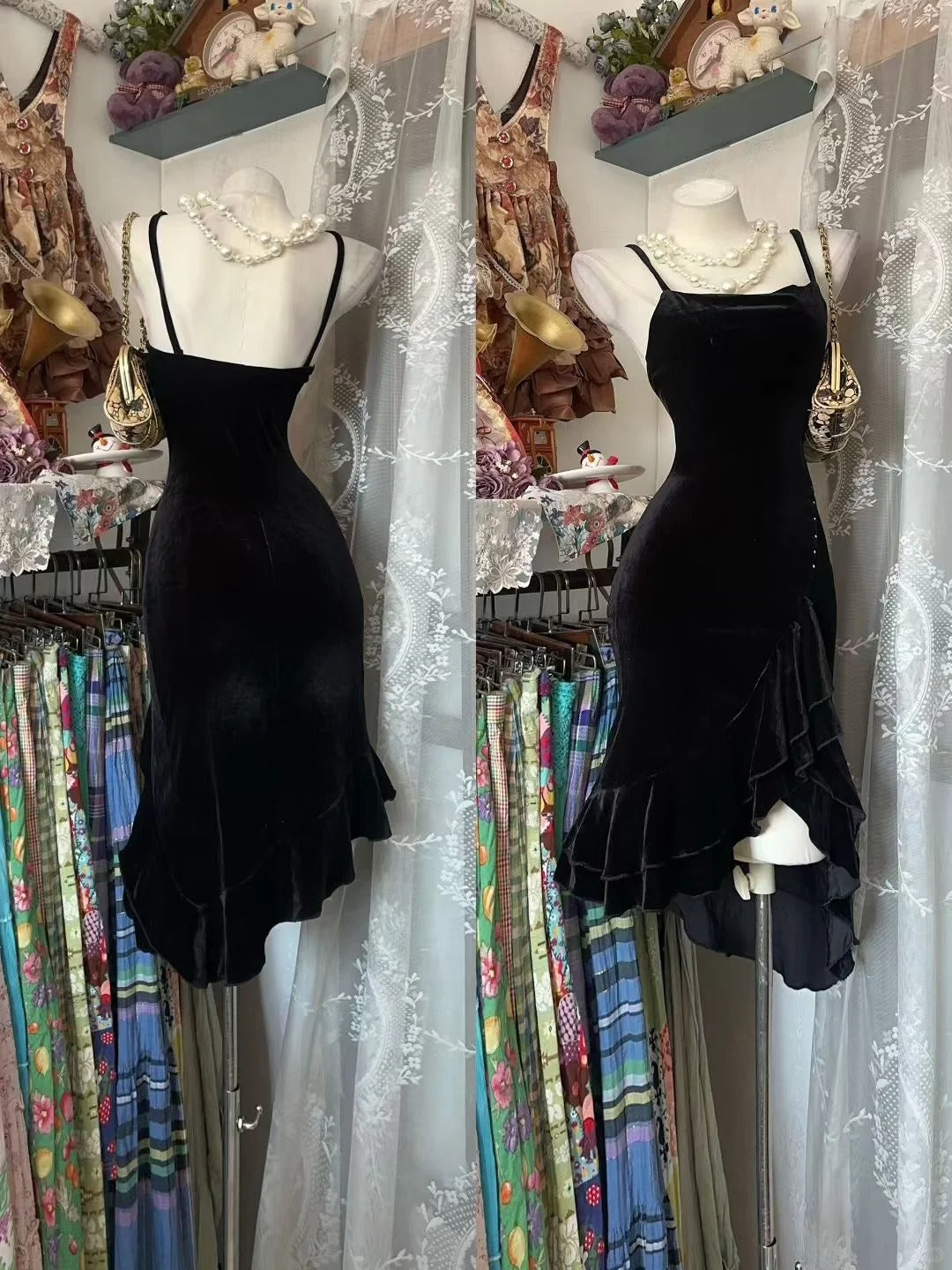 Vintage Meerjungfrauen-Kleid aus schwarzem Samt mit Spaghettiträgern, ideal für Geburtstage und Abschlussbälle (N1346)