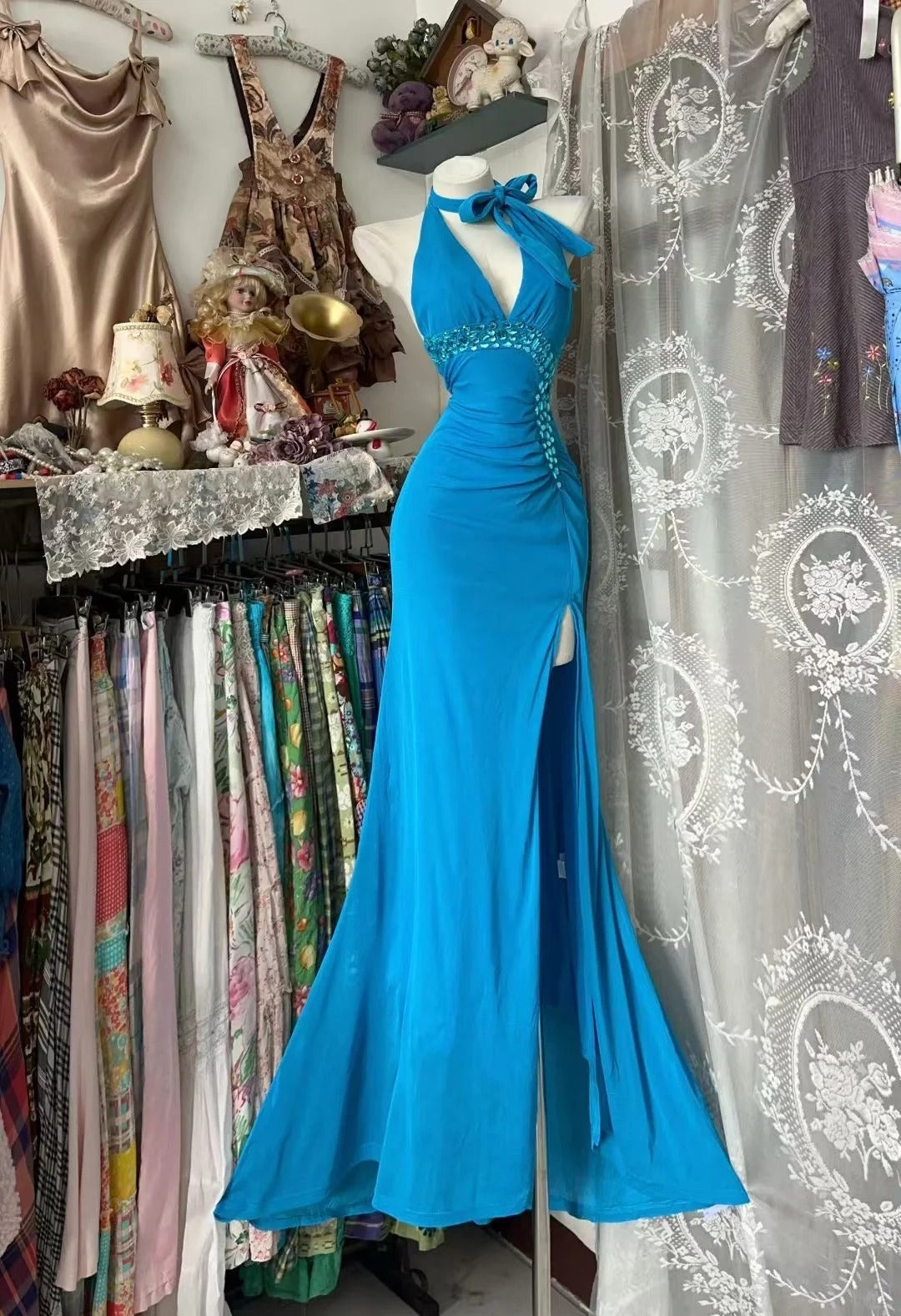 Robe de soirée longue bleu roi vintage sirène dos nu avec fente, années 80, sans manches, robe de bal N1954