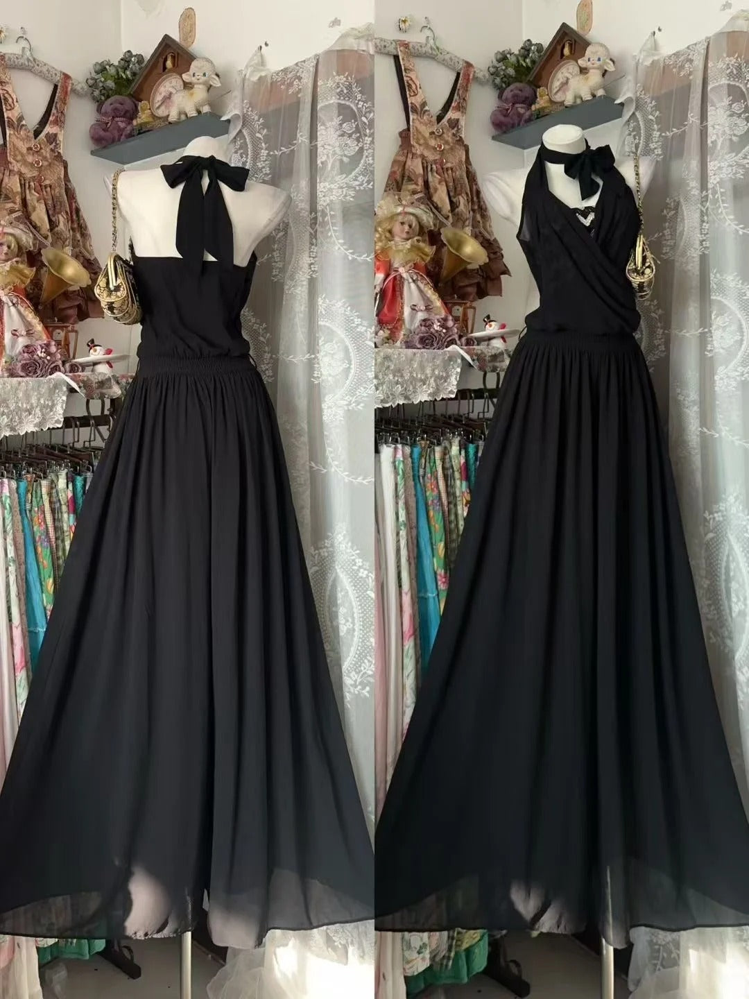 Robe de bal vintage, coupe trapèze, dos nu, noire, en mousseline, longue, inspiration robe de soirée formelle N1962
