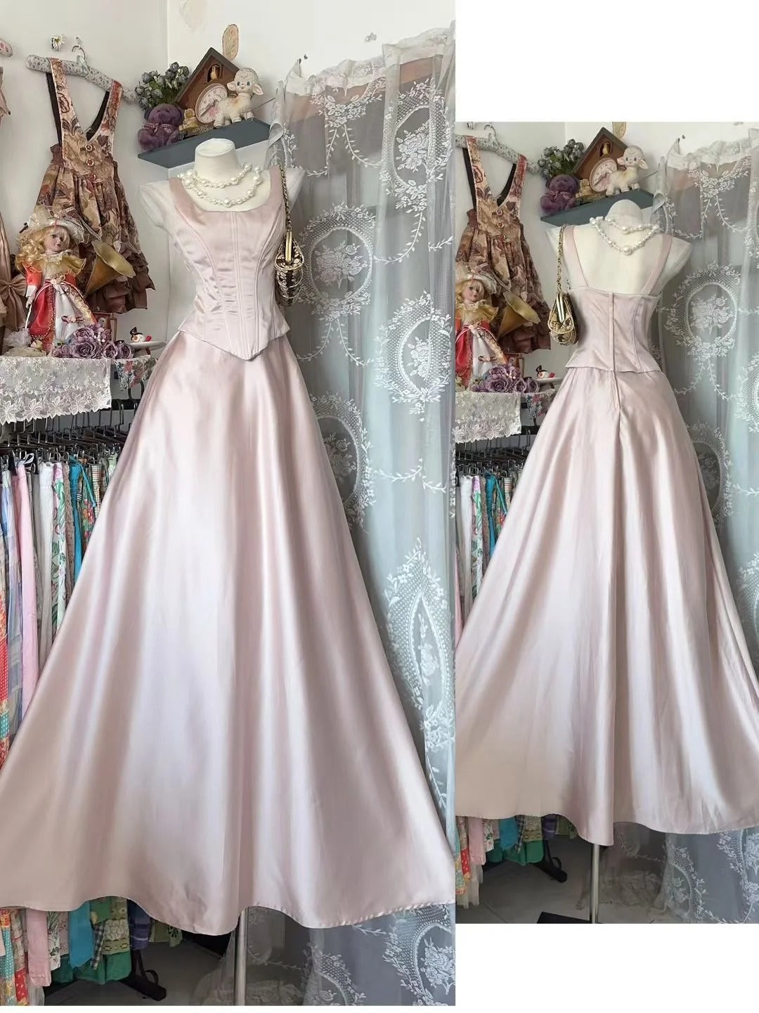 Robe de bal vintage, coupe trapèze, col carré, satin rose, inspiration robe de soirée formelle N1985