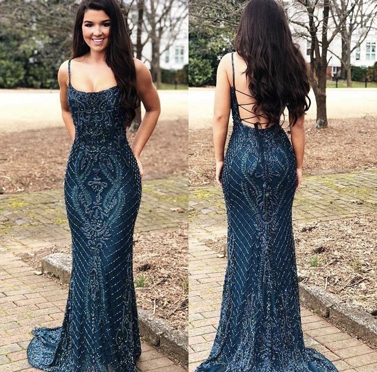 Elegant Mermaid Spaghetti Straps Navy Blue Sequins Long Floor Length Prom Dress Inspiration Prom Dresses AB105