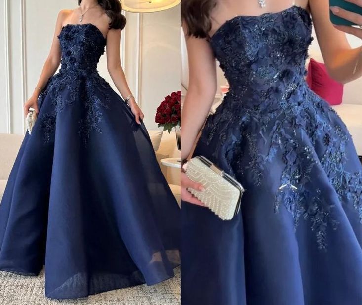 Robe de bal élégante bleu marine sans bretelles, ornée d'appliques, coupe trapèze, référence AB512