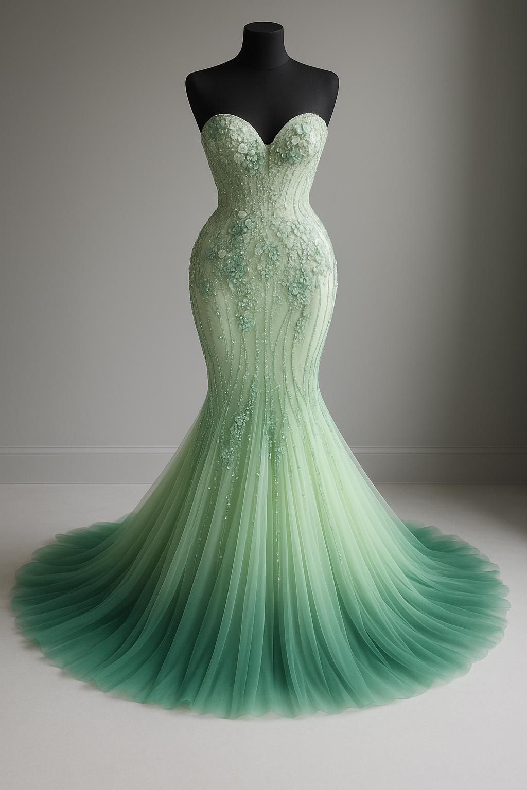 Vintage Meerjungfrauen-Abendkleid mit herzförmigem Ausschnitt, grünem Tüll und Blumenmuster, Inspiration für lange Partys und Ballkleider AB109