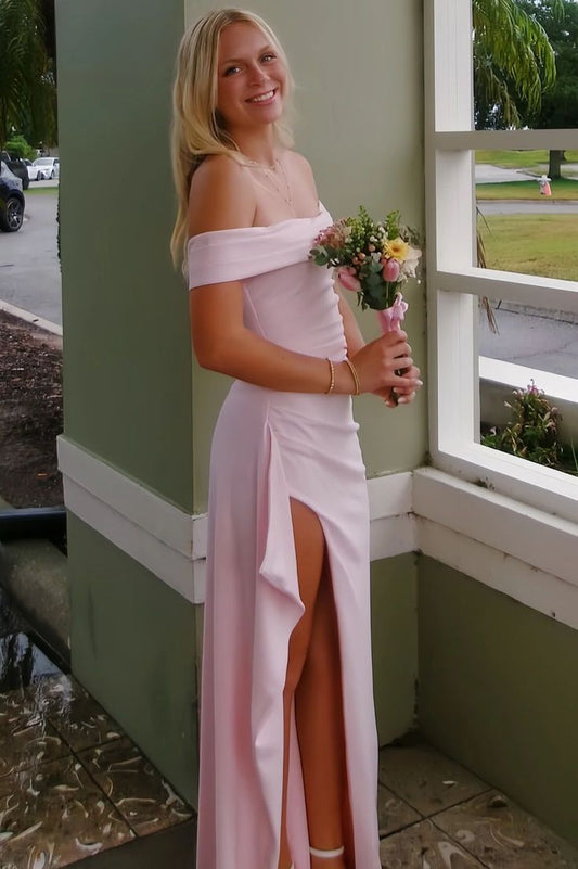 Pink Off-Shoulder Satin Pleats High Slit Long Party Prom Dress Graduation Dress N1619