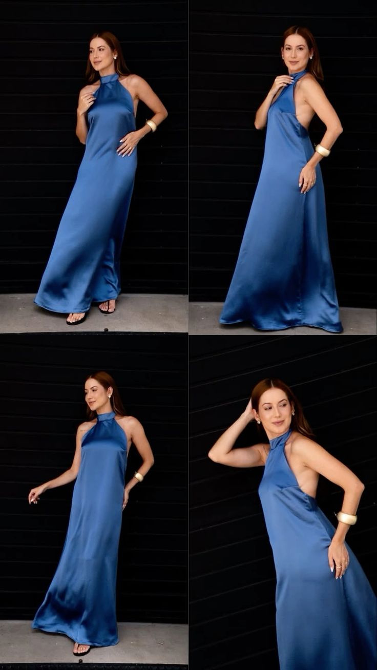 Robe de soirée longue trapèze vintage en satin bleu marine avec licou N2802