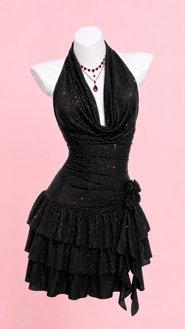Glitzernde Etui-Neckholder-Kleider, kleines schwarzes Pailletten-Mini-Abschlusskleid, kurze Inspiration, Abschlussball-Outfits für Oberstufenschülerinnen RB3514