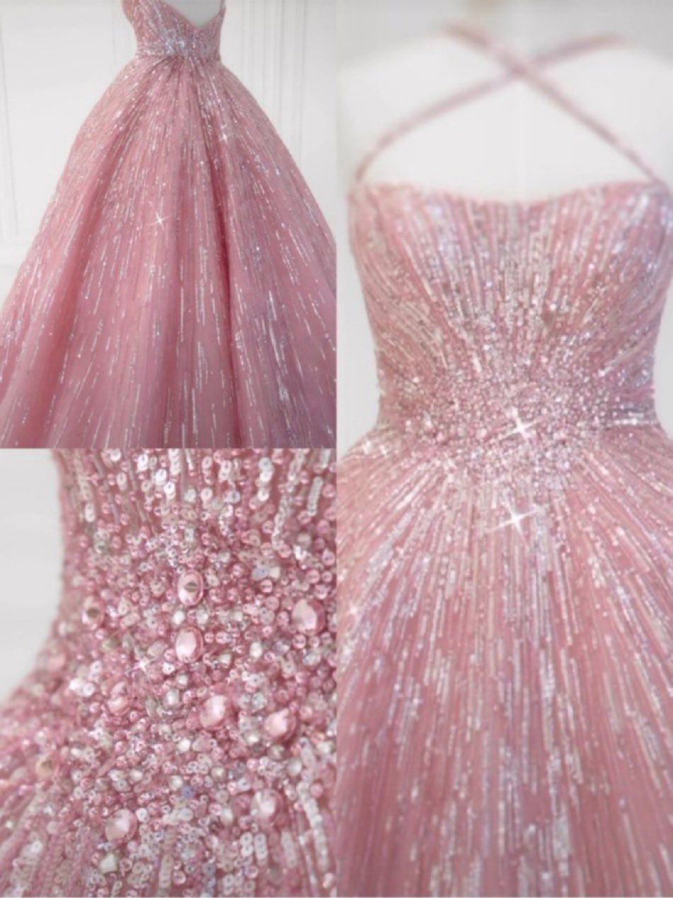 Funkelndes Ballkleid Neckholder Pink Pailletten Lang Ärmellos Festlich Für Damen Mädchen Teenager Abschlussballkleider N2293