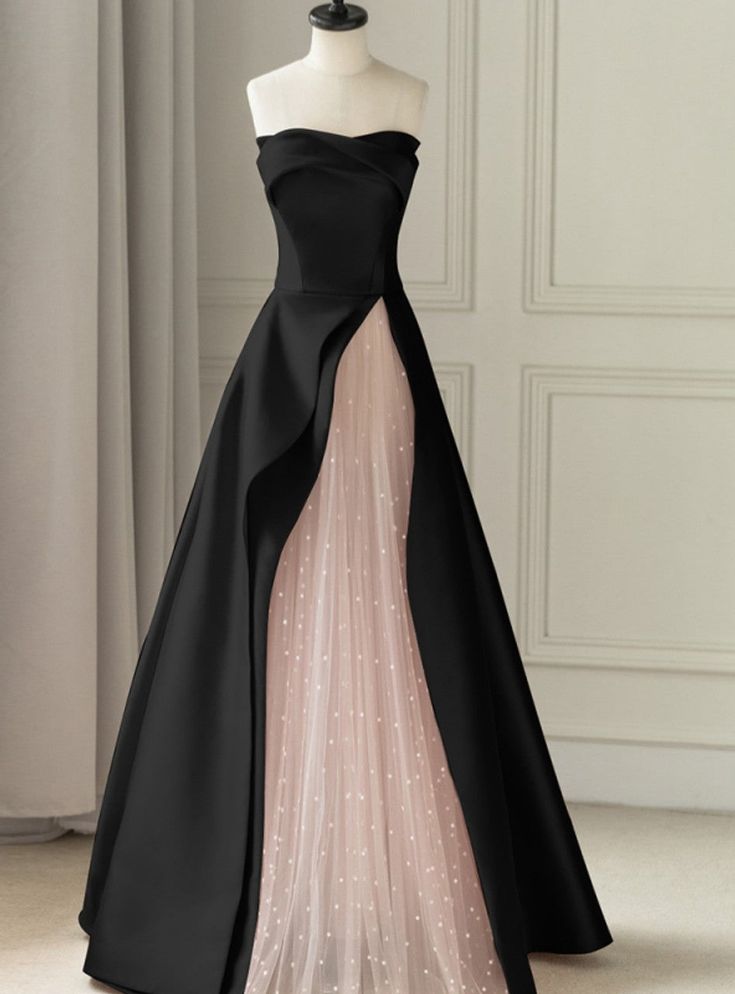 Robe de bal trapèze bustier en satin noir et tulle rose, modèle AB536