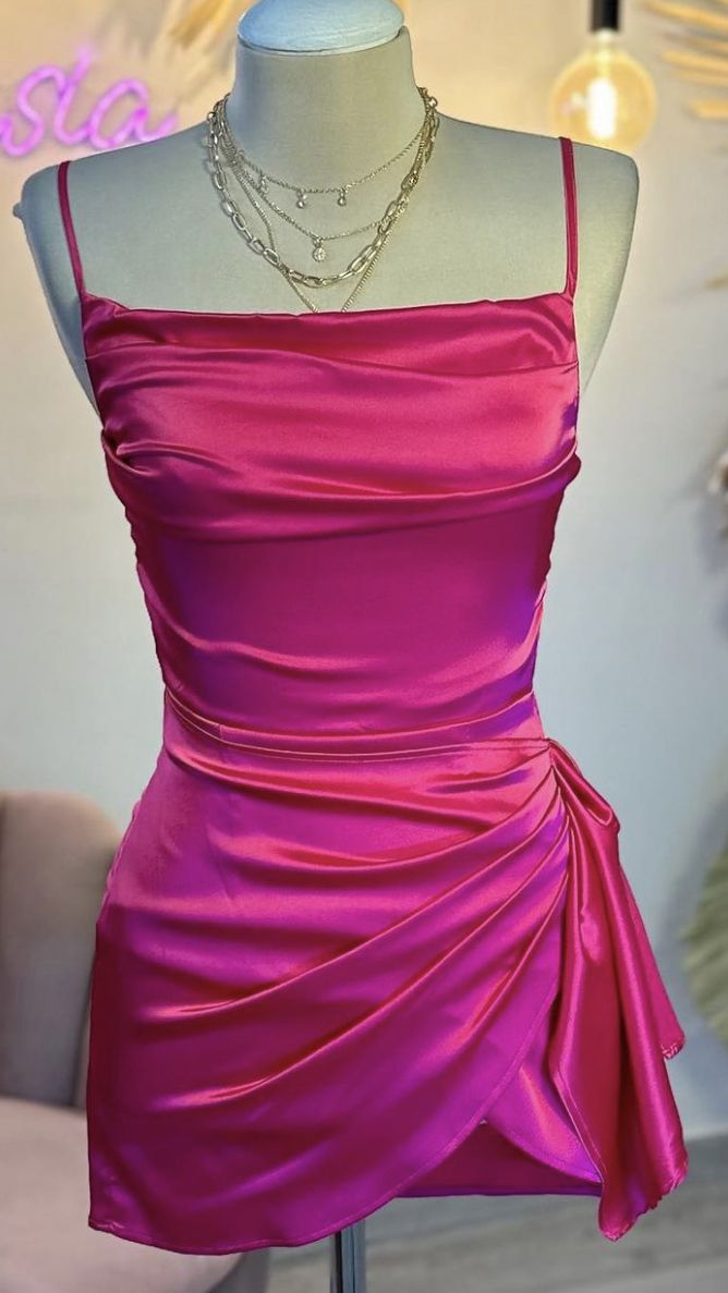 Minimalist Sheath Spaghetti Strap Hot Pink Satin Semi-formal 12th Grad Inspo Short Mini Homecoming Dresses RB4574