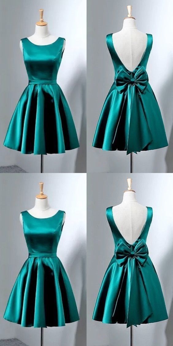 Einfache A-Linie, quadratischer Ausschnitt, grünes Satinkleid, Mini-Heimkehrkleider, Abschlussball-Outfits RB4577