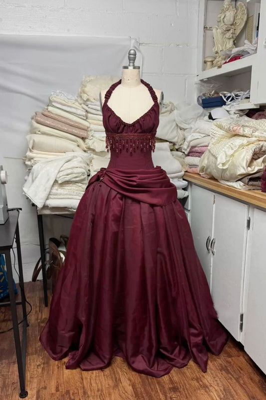 Vintage Burgundy Ball Gown Halter Beaded Satin Long Prom Dress Evening Outfits Formal Dress N538