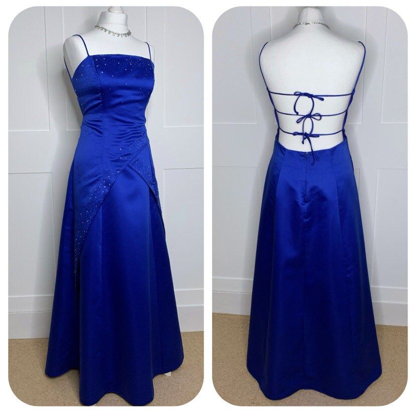 Robe de soirée longue trapèze modeste en satin bleu roi à fines bretelles et perles, sans manches, pour 21e anniversaire et bal de promo N2415