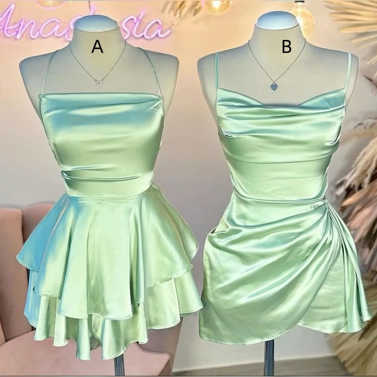 Beautiful A Line Sage Green Silky Satin With Ruffled Short Freshman Graduation Dresses Inspo Senior Homecoming Outfits RB4722
