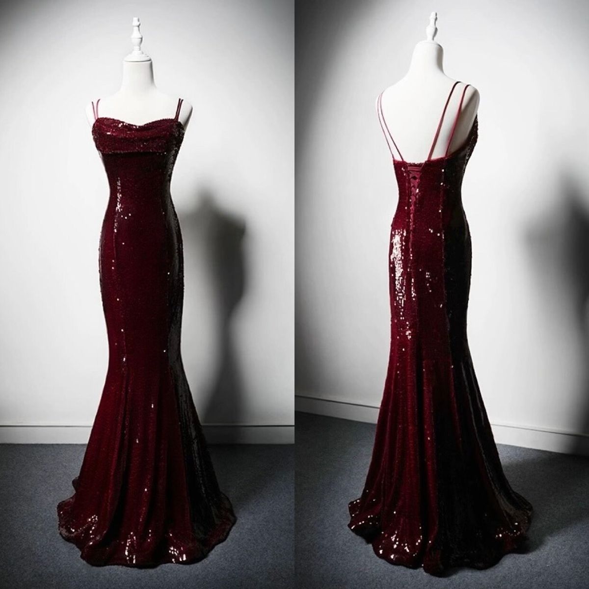 Glitzerndes Meerjungfrauen-Kleid mit Spaghettiträgern, burgunderroten Pailletten, langes formelles Ballkleid, 22. Geburtstagskleid AB1358