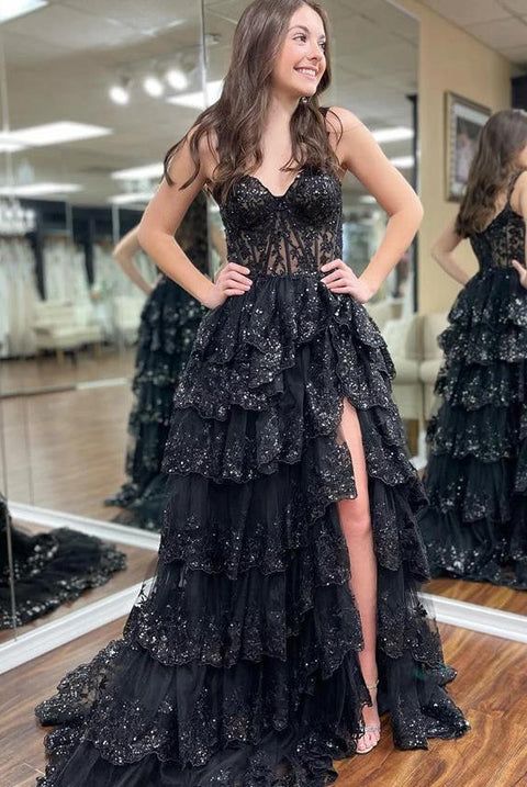 Funkelndes Ballkleid mit schulterfreiem Ausschnitt, Spitze und Schlitz für Highschool-Mädchen, Abschlussballkleider, langes, formelles Abendkleid mit Pailletten N791