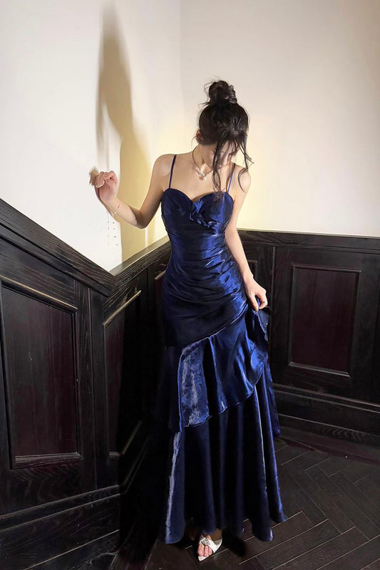 Glänzendes königsblaues Spaghettiträger-Tanzkleid für Mädchen, Abschlussballkleid N829