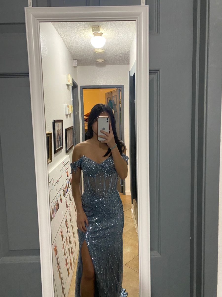 Funkelndes Meerjungfrauen-Ballkleid, schulterfrei, marineblau, bodenlang, formell, silbergrau mit Schlitz, Abendkleid AB743