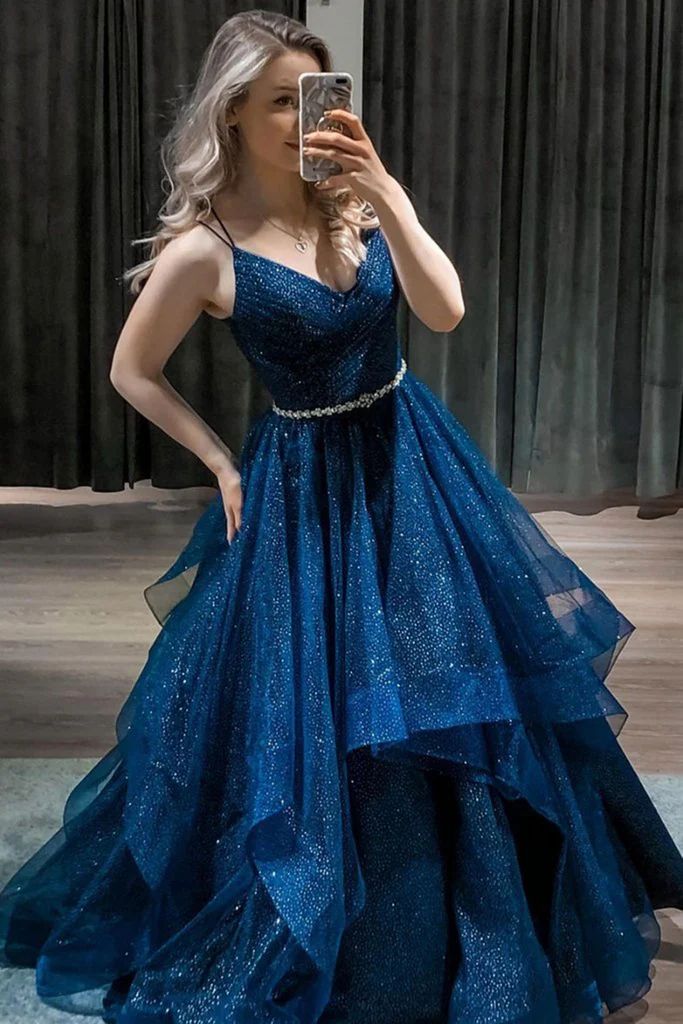 Elegantes Ballkleid mit Spaghettiträgern, marineblauer Tüll, langes Abendkleid für den 16. Geburtstag, AB1163