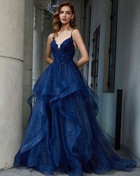 Robe de bal modeste à fines bretelles, bleu marine, en dentelle et tulle, robe de soirée longue pour les 16 ans, robe de fête AB1164