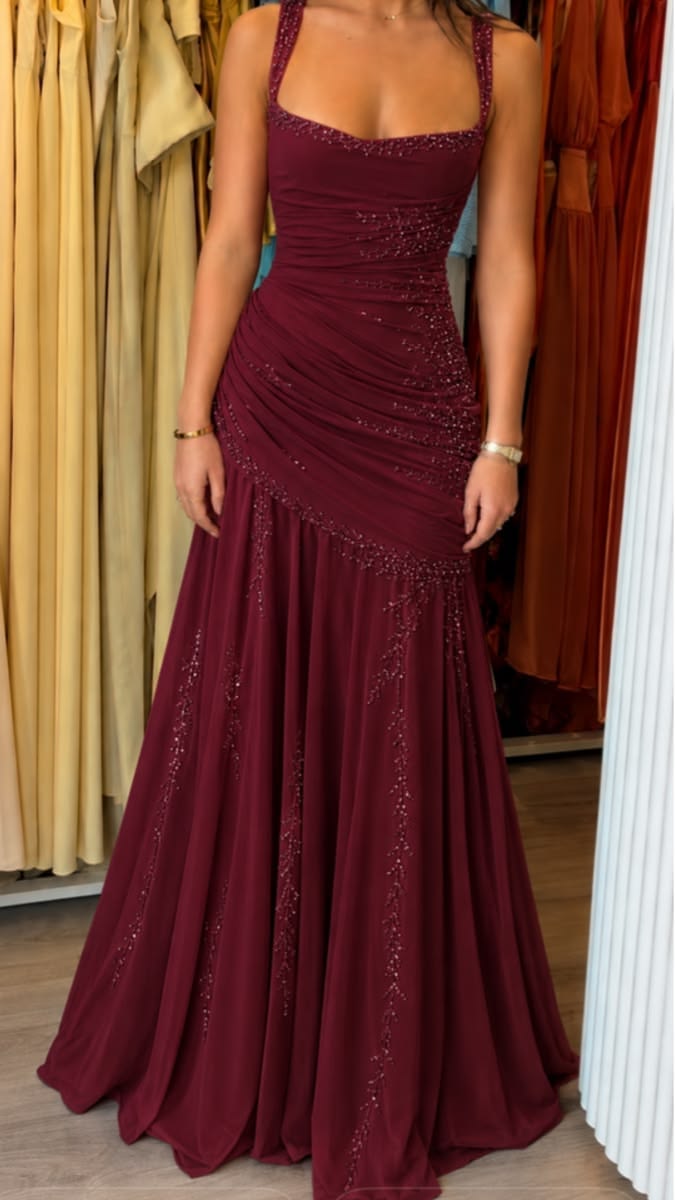 Dreamy Mermaid Square Neck Burgundy Sleeveless With Beading Long Prom Dress Evening Party Formal Outfits RB6691