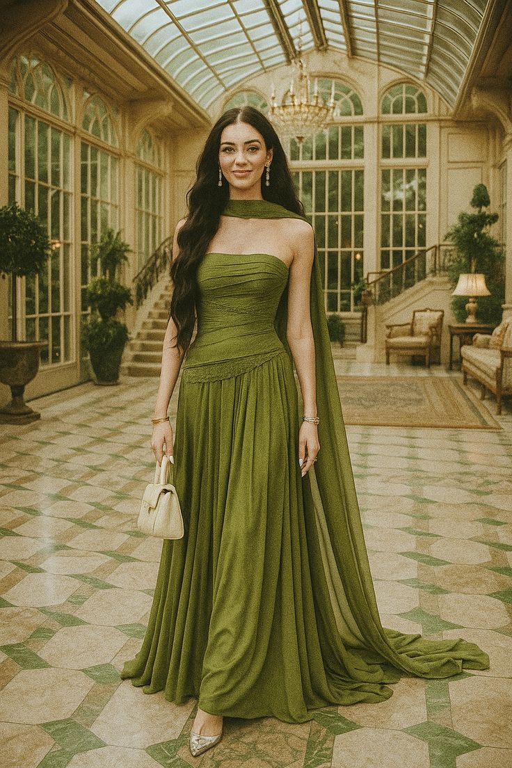 Robe de bal longue sans manches, coupe trapèze, verte, inspiration charmante, idéale pour un mariage ou une réception (AB262)