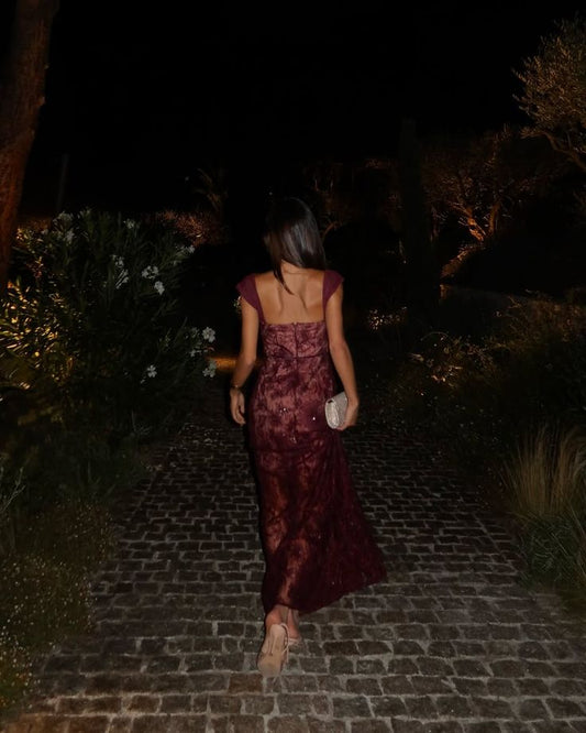 Elegantes, burgunderrotes Etuikleid mit eckigem Ausschnitt aus Spitze für Teenager – formelles Abendkleid, Partykleid, Ballkleid AB1084