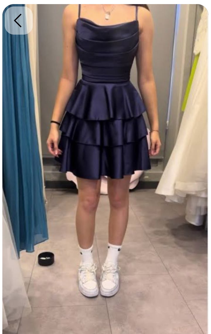 Einfaches A-Linien Spaghetti-Träger Navy Blau Satin Kurzes Mini High School Abschlussball Hoco Outfit Homecoming Kleider RB4608