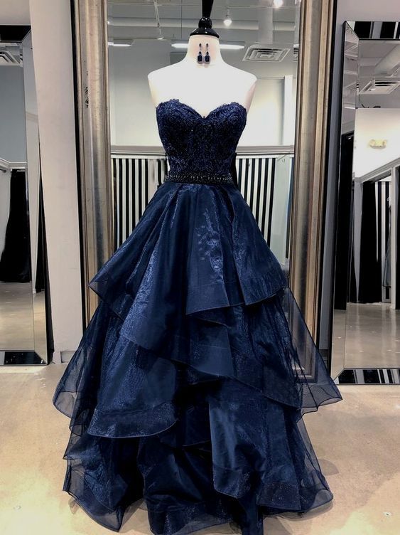 Robe de bal élégante bleu marine en tulle, décolleté cœur, longue robe de soirée pour adolescentes, Vestidos De Dia AB595