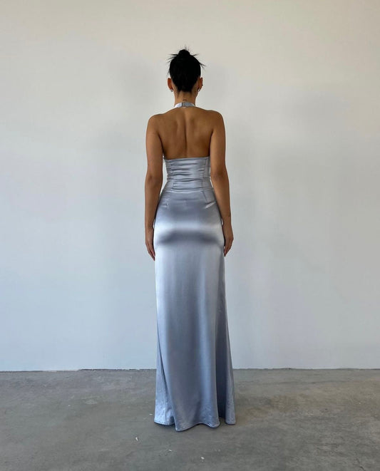 Modest Mermaid Halter Light Sky Blue Satin Long Evening Summer Beach Black Tie Prom Dresses Spring Wedding Guest Dress N1394