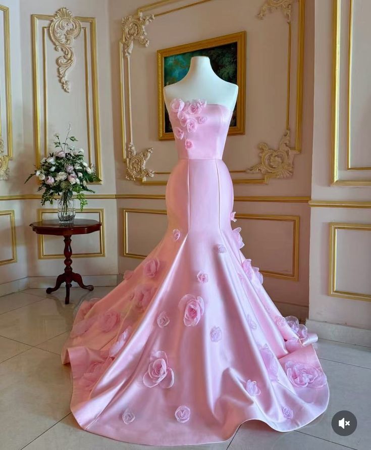 Beautiful Mermaid Strapless Pink With Flowers Maxi Long Party Satin Prom Dresses Evening Dress AB271