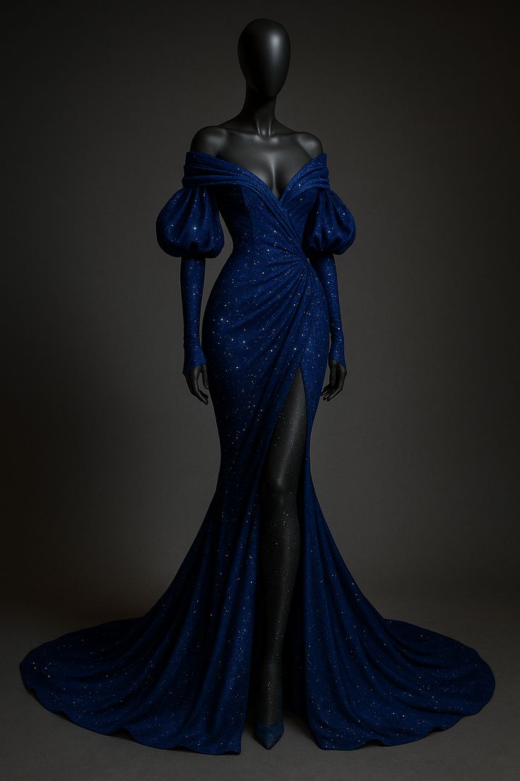 Robe de soirée sirène modeste à épaules dénudées, sequins bleu roi et fente, longue, idéale pour un bal de promo ou un 22e anniversaire (AB1380)
