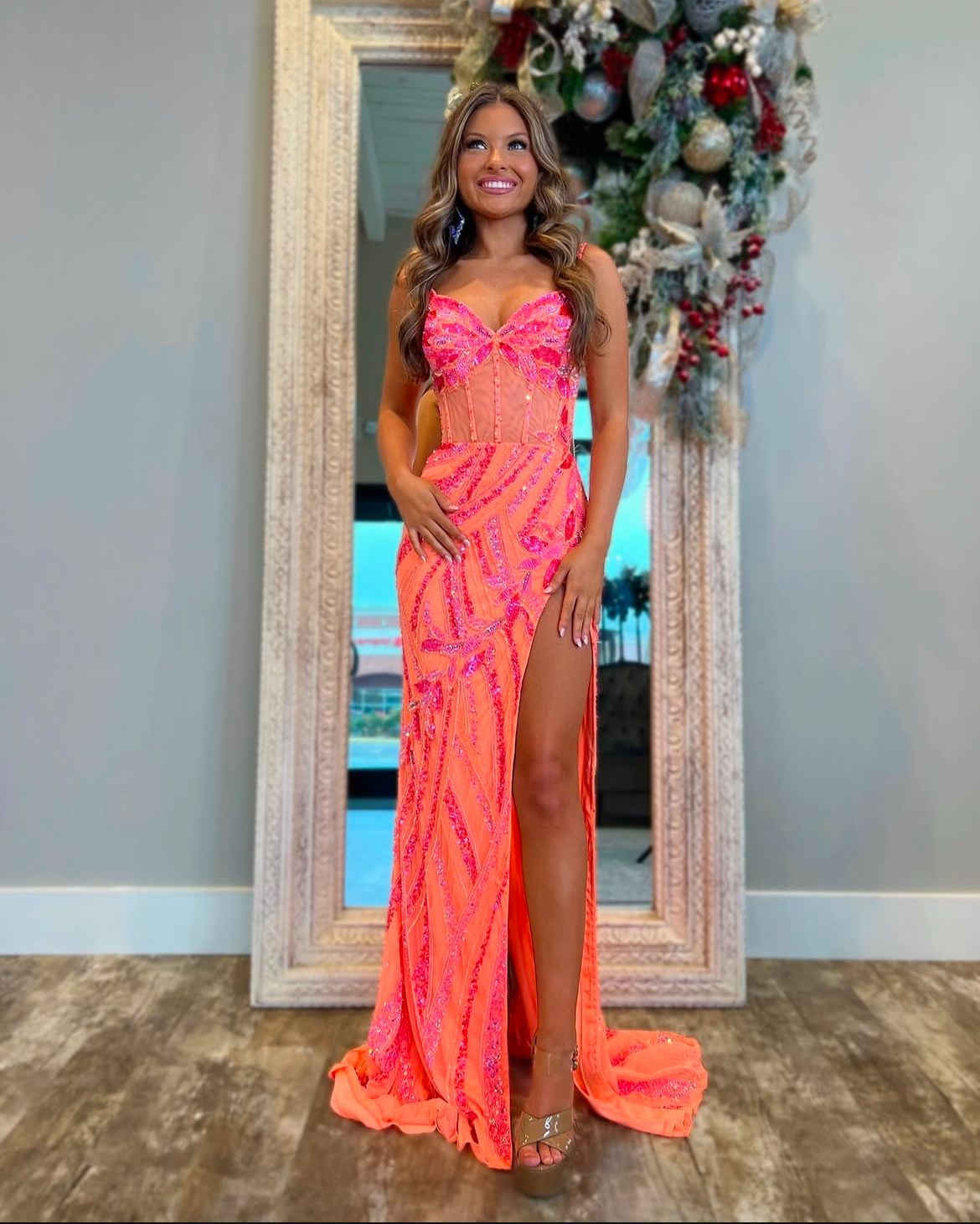Unique Mermaid Spaghetti Straps Pink Sequins Slit For Teens Long Evening Dresses Prom Dress AB600