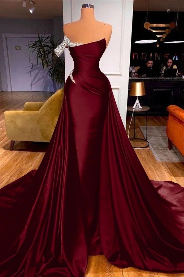 Elegantes Meerjungfrauen-Abendkleid mit schulterfreiem Ausschnitt, langes formelles Kleid in Burgunderrot, AB826