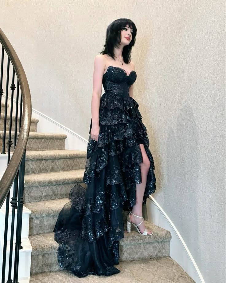 Unique Ball Gown Sweetheart Lace Black With High Slit Side Prom Dresses Long Party Dress 22th Birthday Outfits Graduation Dress AB279