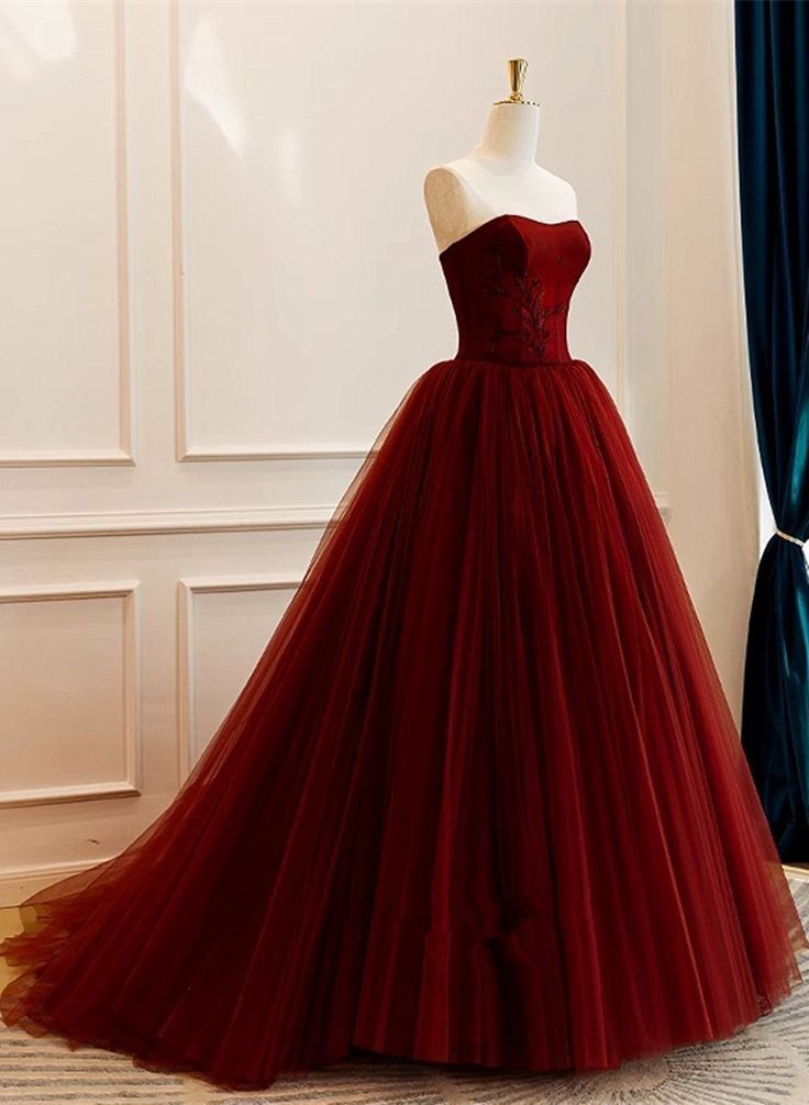 Robe de bal bustier unique en tulle bordeaux avec dentelle, robe de soirée longue, tenue pour un 22e anniversaire, robe de remise de diplôme AB288