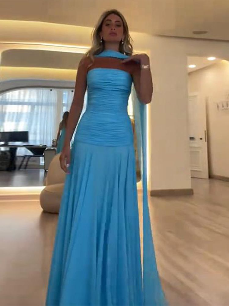 Elegant Solid Prom Dresses Chiffon Pleat Ruched Ruffle Strapless Formal Evening Dress Floor-length Party Gowns AB406