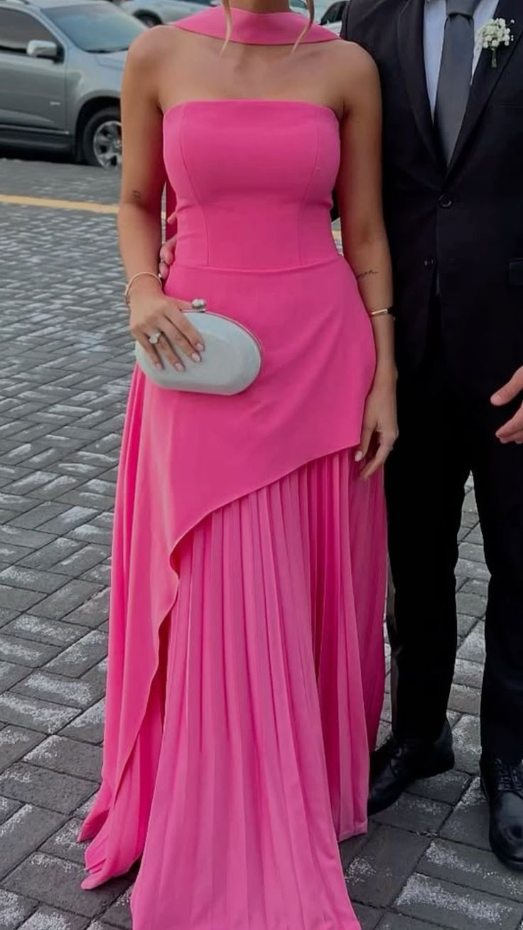 Robe de bal rose fuchsia sexy, élégante et raffinée, coupe trapèze, sans bretelles, en mousseline de soie, référence AB241