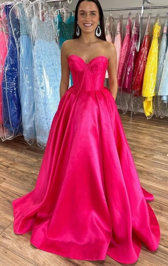 Günstiges A-Linien-Kleid aus pinkfarbenem Satin mit Herzausschnitt für Damen, langes formelles Ballkleid zum 22. Geburtstag AB1381