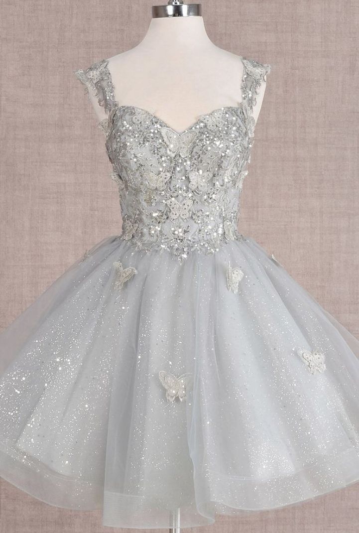 Glitzer-Ballkleid Spaghettiträger Hellgrau Tüll Mini Kurz Hoco 19. Geburtstagskleid Homecoming Kleider RB4137