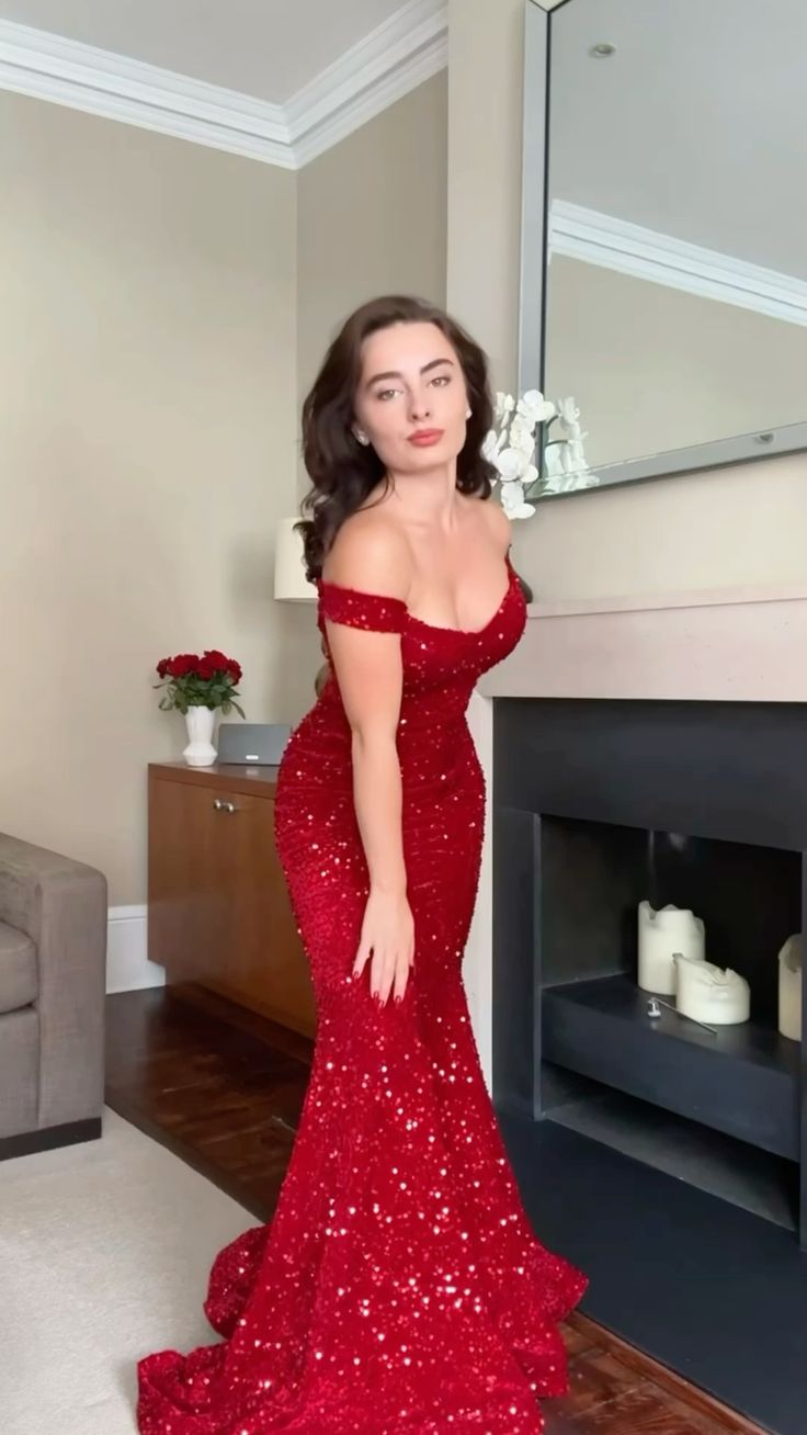 Robe de soirée longue sirène élégante à sequins rouges, épaules dénudées, inspiration pour femmes et jeunes filles, robe de bal AB1794