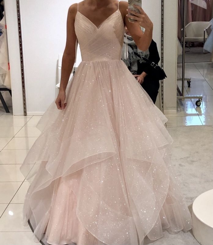 Robe de bal unique à fines bretelles en tulle rose poudré, robe de soirée longue, tenue pour un 22e anniversaire, robe de remise de diplôme AB294