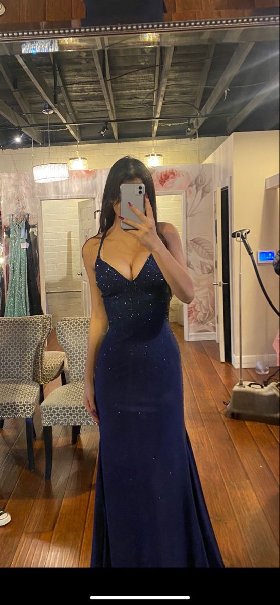 Elegantes dunkelblaues Meerjungfrauen-Abendkleid mit Spaghettiträgern, marineblaues Abendkleid AB695