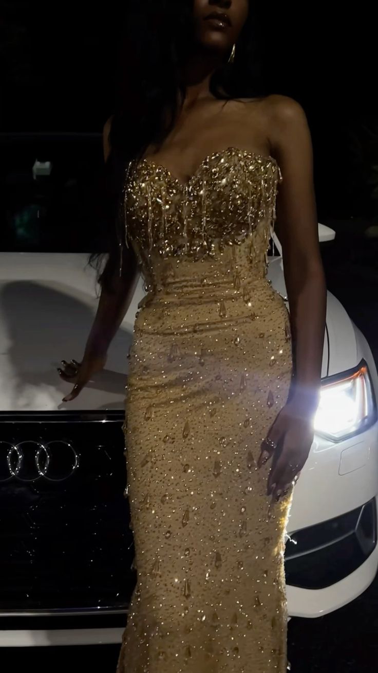 Sexy Meerjungfrauen-Abendkleid mit goldenen Rüschen und Perlenstickerei für schwarze Mädchen und Teenager (N1765)