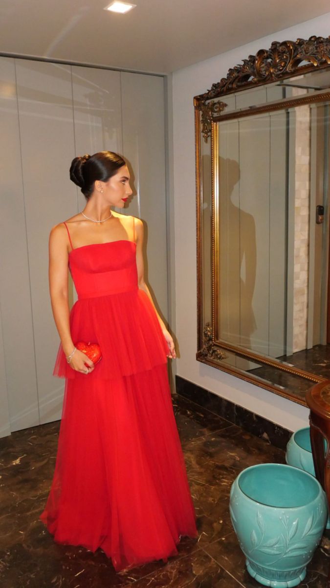 Simple A line Spaghetti Strap Red Sleeveless Tulle Simple Evening Formal Prom Dresses AB450