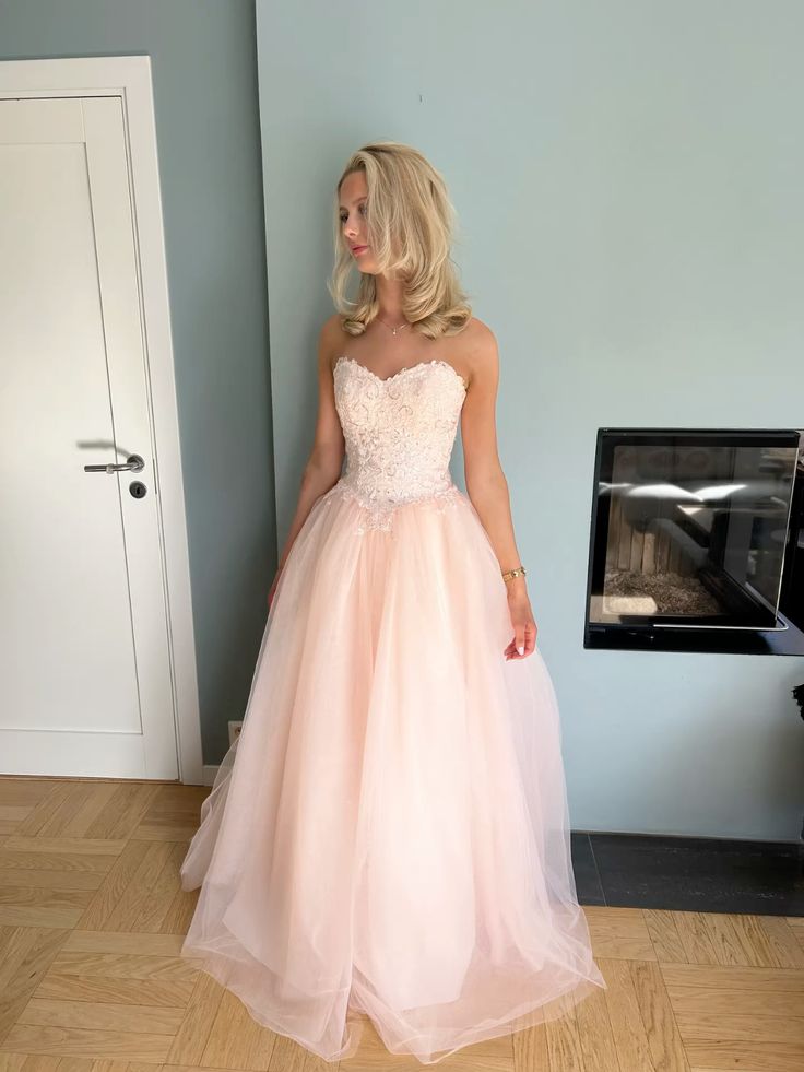 Unique Ball Gown Sweetheart Tulle Light Pink Long Evening Dresses Prom Dress AB598