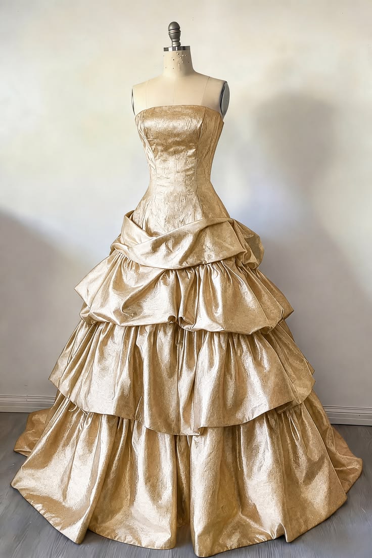 Dreamy Ball Gown Strapless Gold Satin With Pleated Long Prom Dress Ruffles Evening Party Formal Outfits RB6684