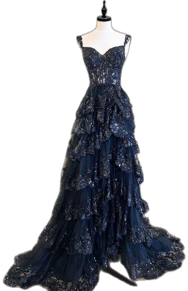 Sparkly Sleeveless Spaghetti Straps Sequins Ball Gown Navy Blue Prom Dresses AB457