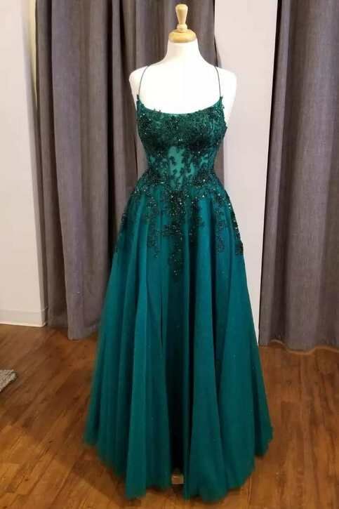 Retro-A-Linien-Abendkleid mit Spaghettiträgern, dunkelgrüner Spitze und Tüll, modischer Stil für Teenager, festliche Kleider, Party-Outfits, Ballkleid AB1150