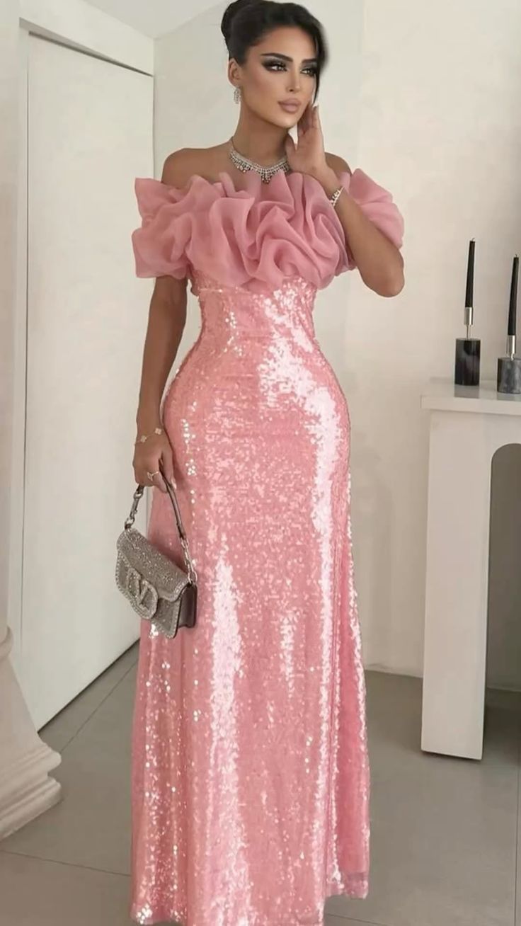 Sexy schulterfreies, rosafarbenes Meerjungfrauen-Ballkleid für Damen mit Ärmeln N4162